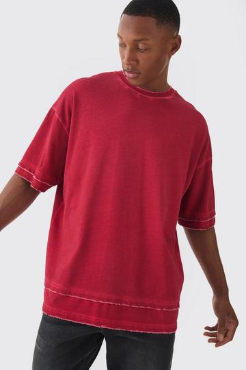 Premium Oversized Faux Layer Top Stitch Washed T-shirt red