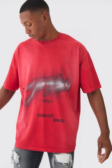 Red Premium Oversized Washed & Graphic T-Shirt