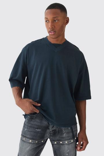 Premium Oversized V Neck Dropped Shoulder Top Stitched Washed T-shirt black