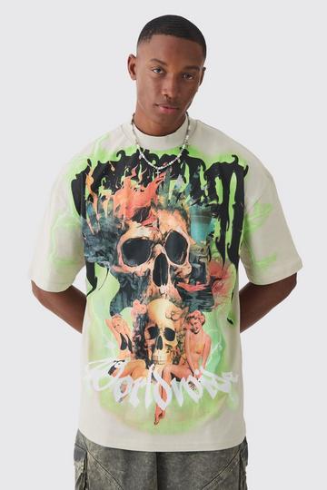 Oversized Extended Neck Extreme Skull Graphic T-shirt taupe