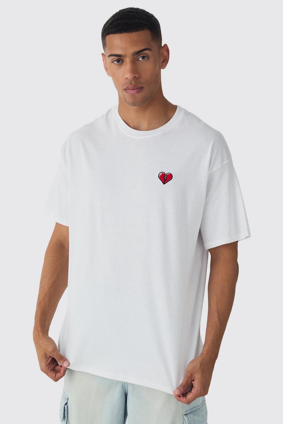 White Oversized Broken Heart Embroidered T-shirt