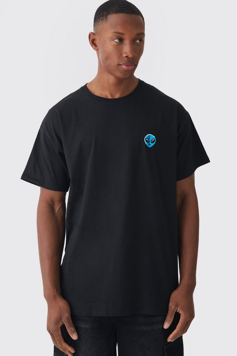 Black Oversized Alien Embroidered T-shirt