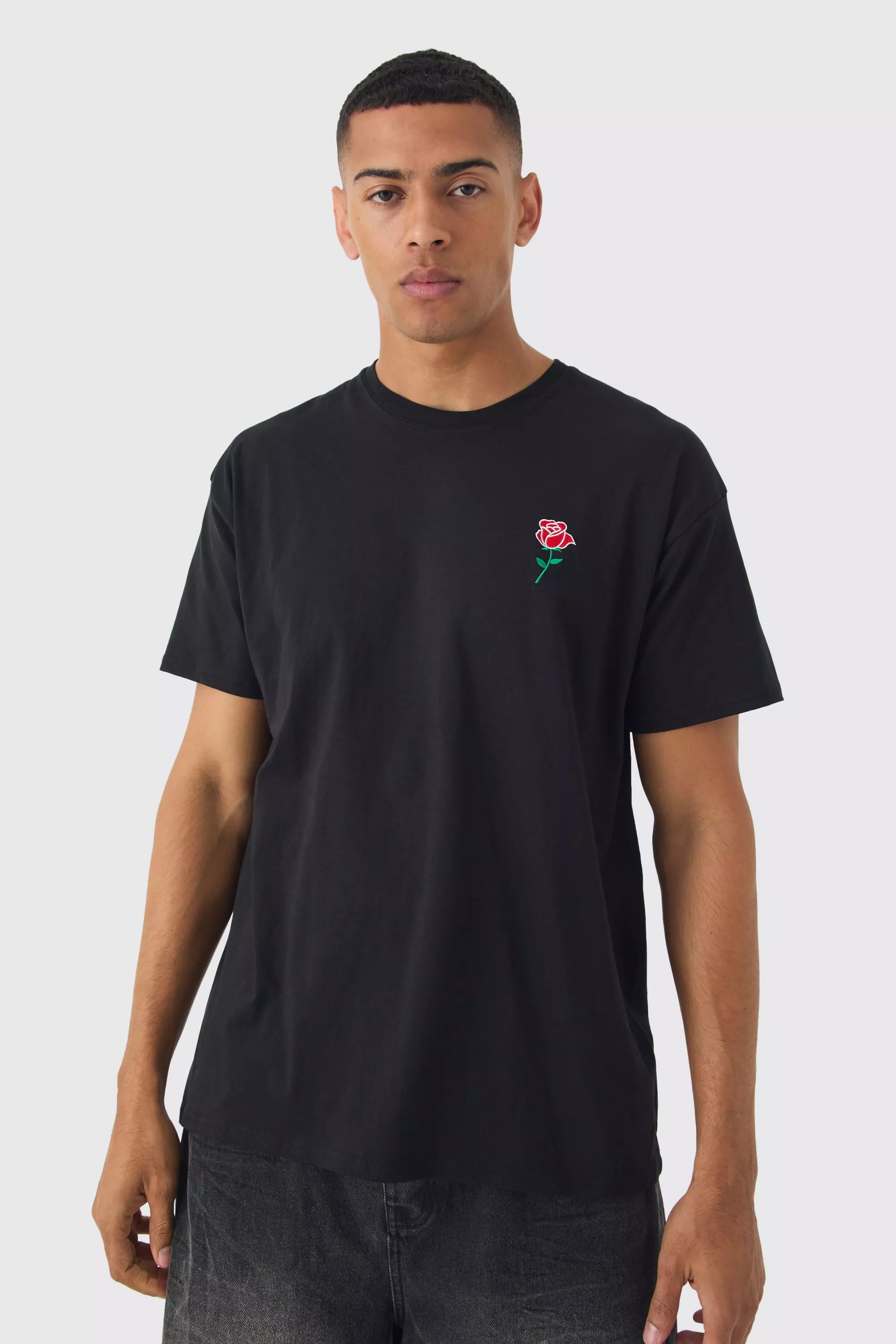 Black Oversized Rose Embroidered T-shirt alternative image