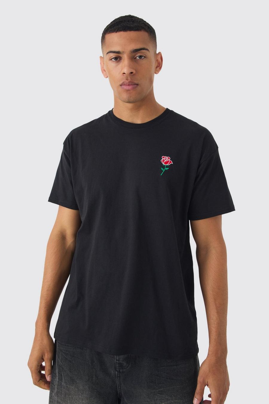 Black Oversized Rose Embroidered T-shirt image number 1