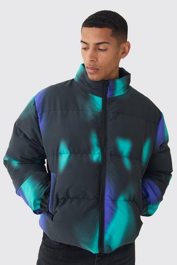 Blue Boxy Abstract Print Funnel Neck Puffer Jacket In Blue