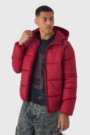 Washed Seam Hooded Puffer Jacket In Burgundy burgundy