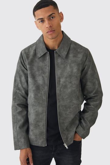 Washed Pu Zip Through Harrington Jacket In Grey grey