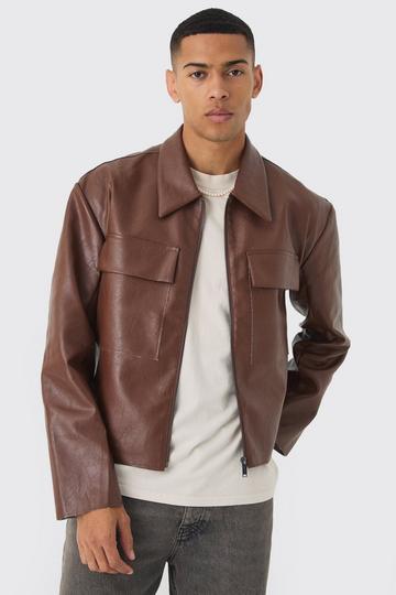 Brown Boxy Collared PU Harrington Jacket With Raw Edge In Brown