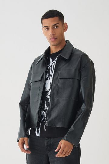 Black Boxy Collared Pu Harrington With Raw Edge Detail In Black