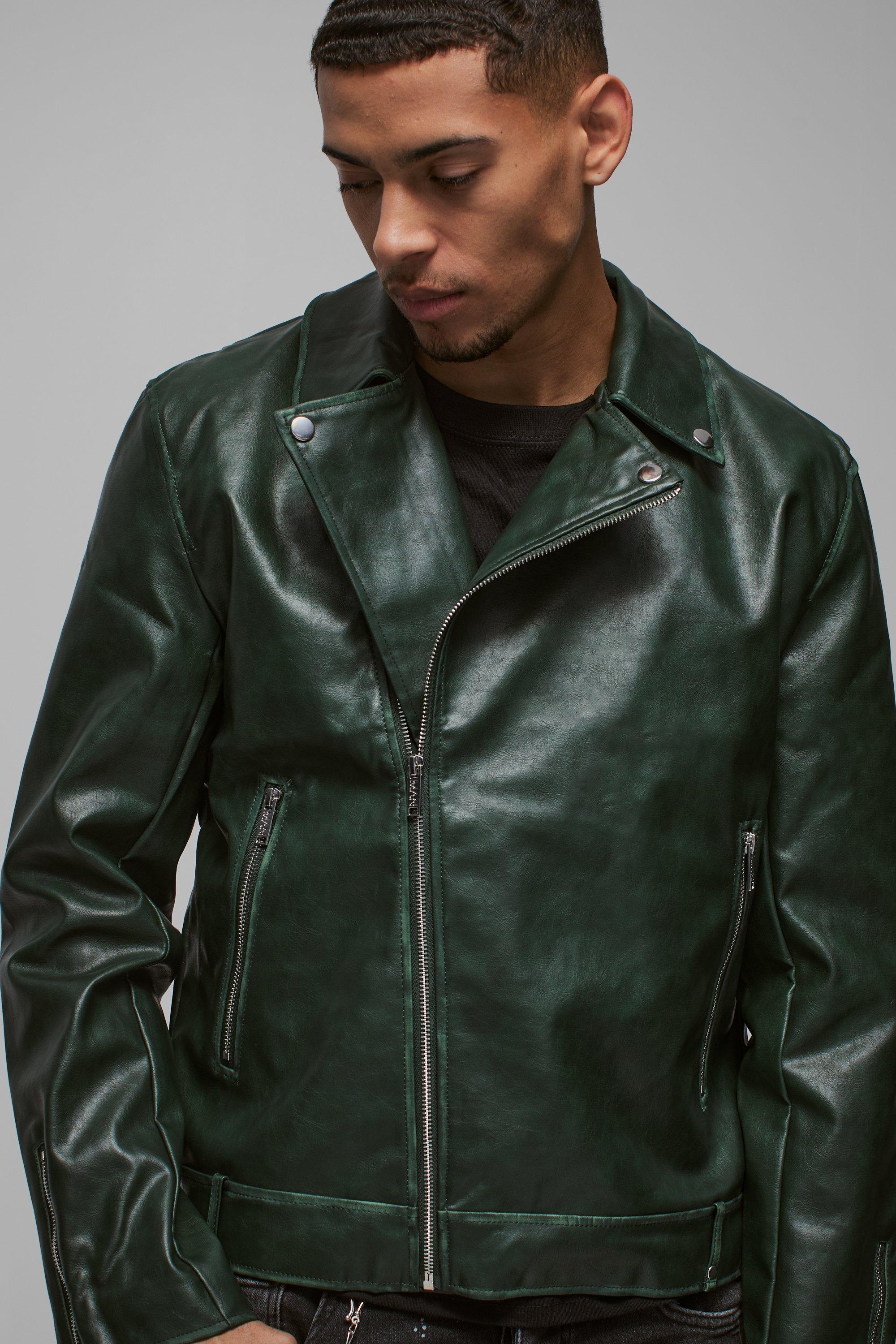 Washed Pu Biker Jacket In Green | boohoo USA Washed Pu Biker Jacket In Green | boohoo USA