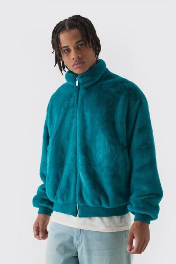 Green Faux Fur Funnel Neck Bomber Jacket In Teal