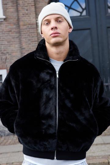 Faux Fur Funnel Neck Bomber Jacket In Black black