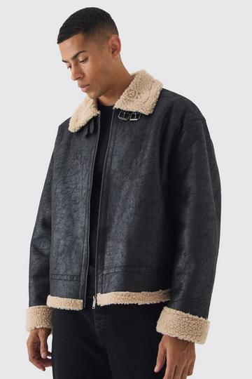 Extreem Oversized Nep Suède Aviator Jacket In Zwart black