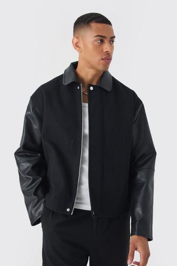 Black Boxy PU Sleeve Collared Harrington Jacket In Black