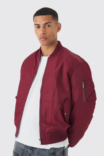 Red Oversized Boxy Padded Nylon Bomber Jacket In Burgundy