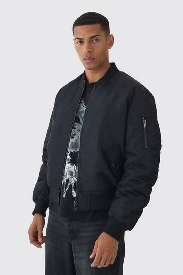 Black Oversized Boxy Padded Nylon Bomber Jacket In Black