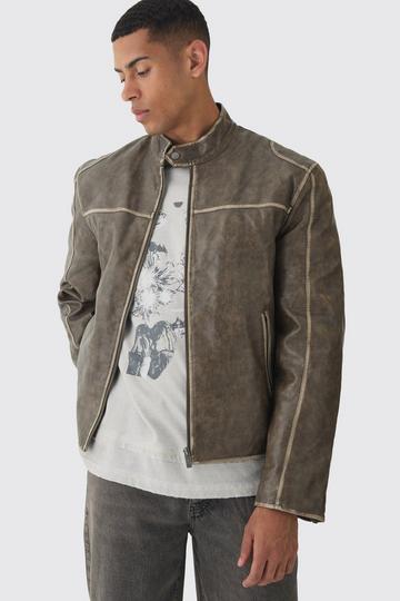 Washed Seam PU Biker Jacket In Sage sage