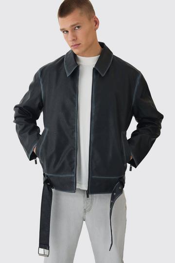 Washed Seam PU Biker Jacket In Black black