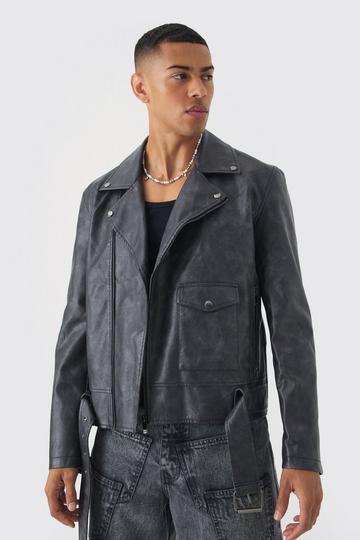 Washed PU Biker Jacket In Slate slate