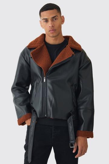 Boxy PU Borg Trim Aviator Jacket In Black black