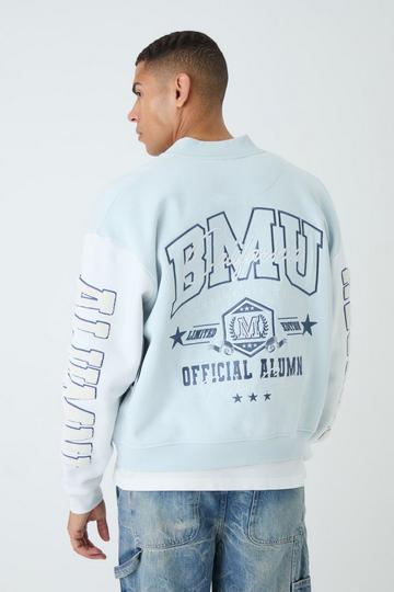 Blue Oversized Boxy Varsity Applique Jersey Knit Bomber Jacket