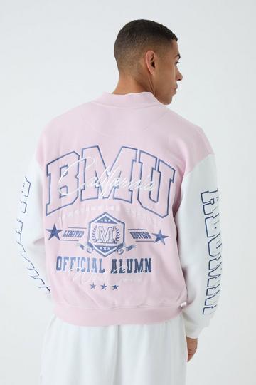 Pink Oversized Boxy Varsity Applique Jersey Bomber Jacket