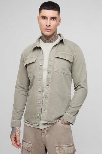 Sage Green Tall Overdye Relaxed Fit Cargo Denim Overshirt