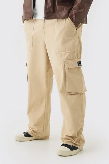 Stone Beige Plus Fixed Waist Branded Relaxed Fit Cargo Trousers