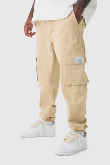 Stone Beige Plus Elasticated Waist Branded Slim Fit Cargo Jogger