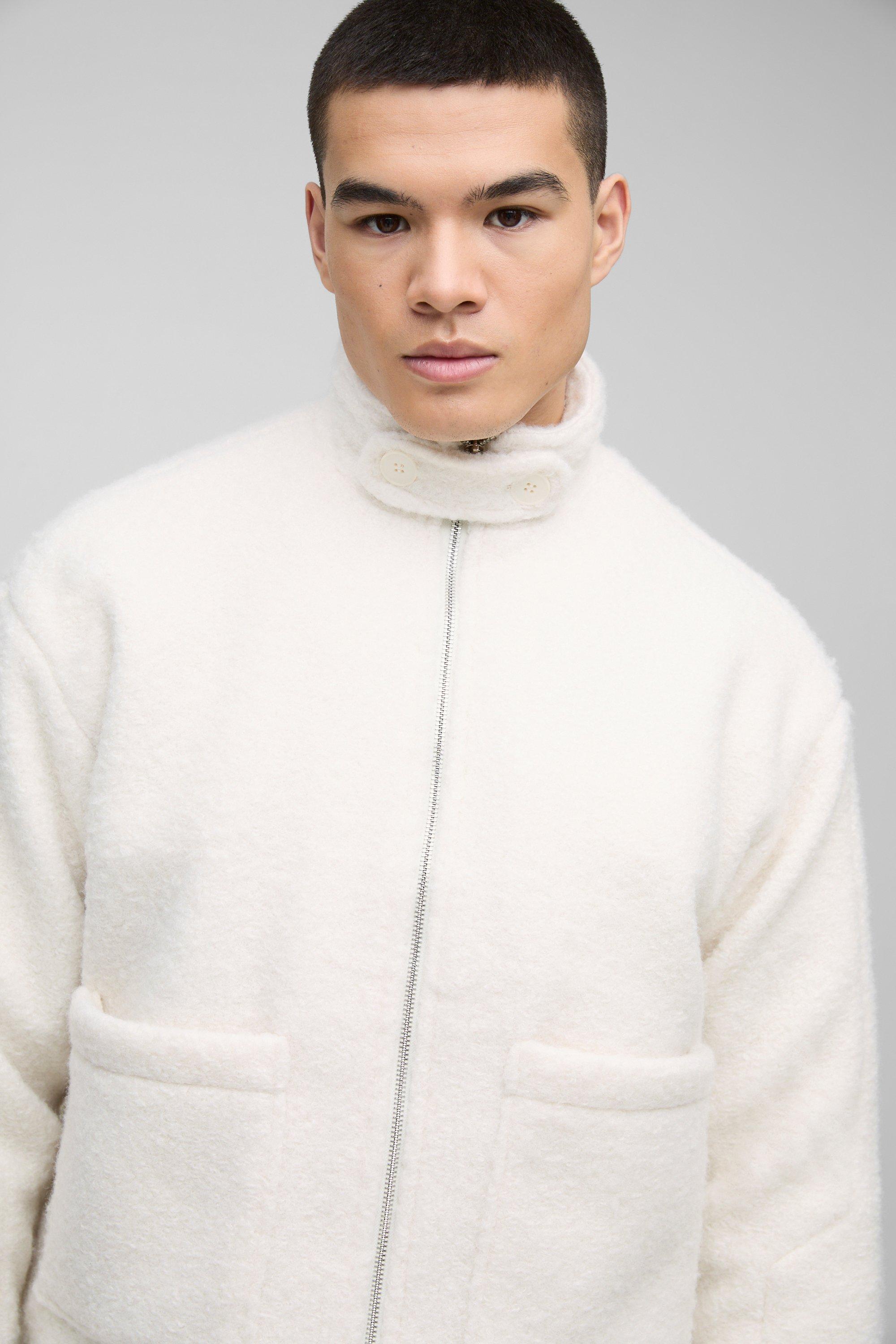 Boxy Boucle Collar Detail Harrington Jacket In Ecru boohoo IE