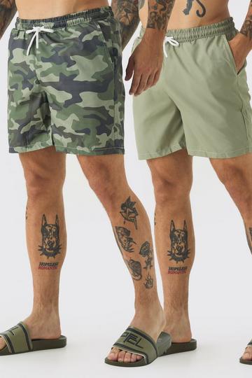 2 Pack Mid Length Camo & Plain Swims green