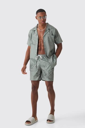 Khaki Face Graphic Shirt & Swim Short Set