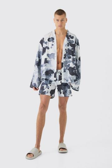 Abstract Print Kimono Shirt & Swim Short Set black