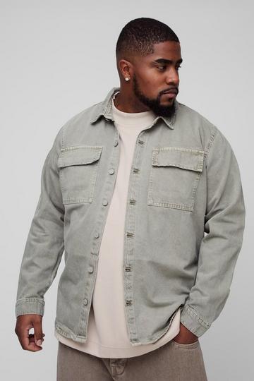 Sage Green Plus Overdye Relaxed Fit Cargo Denim Overshirt