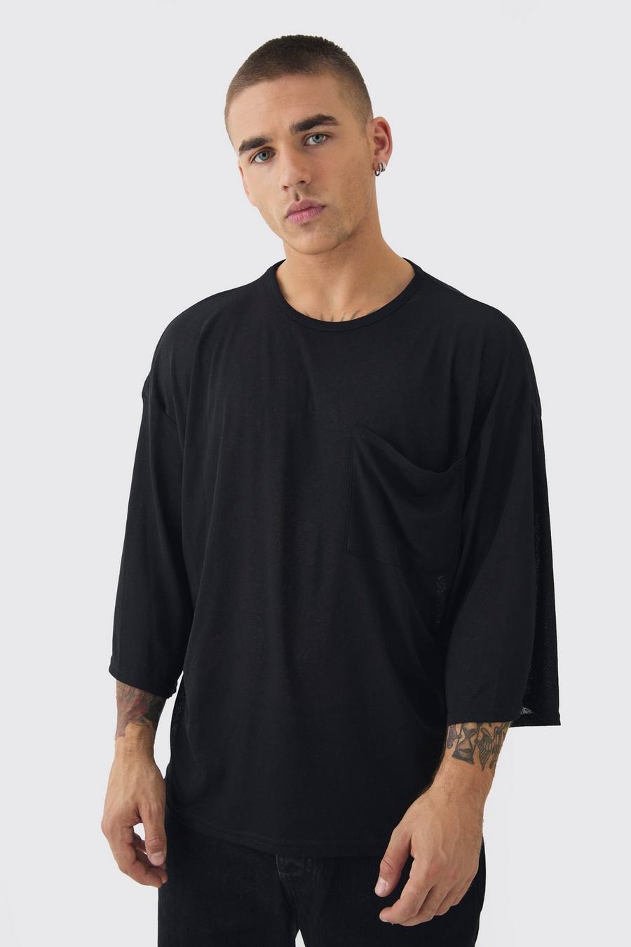 Black Oversized Semi Sheer Pocket Half Sleeve T-shirt image number 1