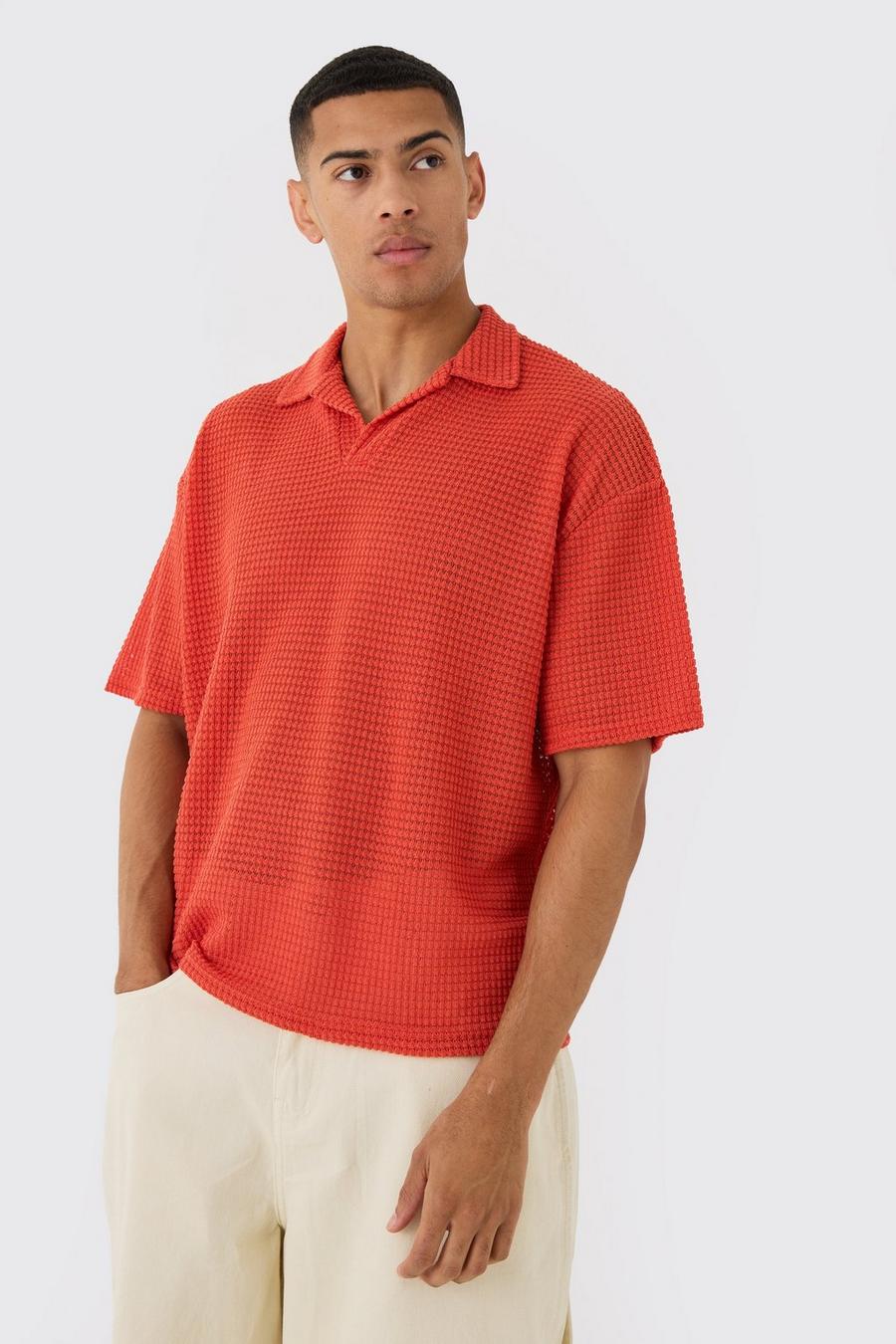 Orange Oversized Boxy Textured Short Sleeve Polo