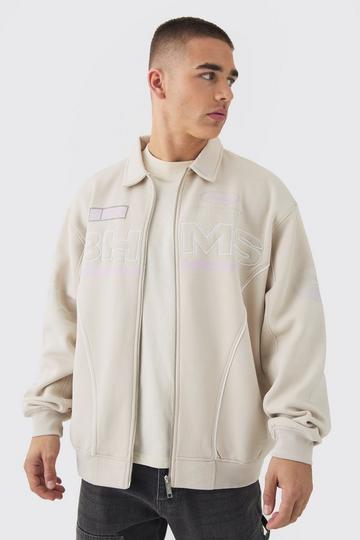 Oversized Varsity Bhm Embroidered Jersey Knit Bomber Jacket taupe