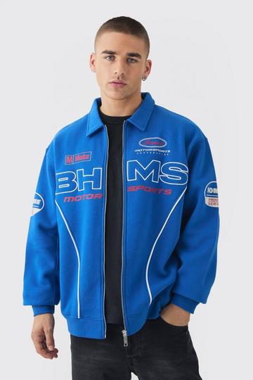 Blue Oversized Varsity Bhms Embroidered Jersey Knit Bomber Jacket