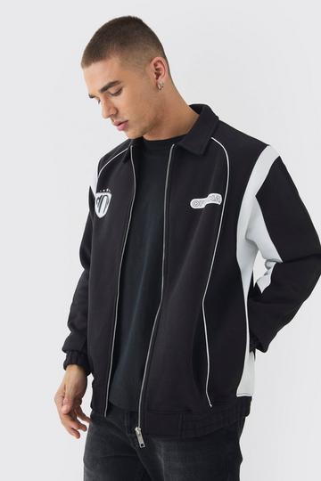 Varsity Embroidered Jersey Knit Harrington Jacket black