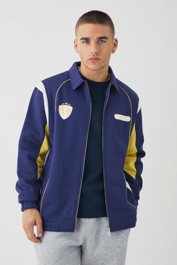 Varsity Embroidered Jersey Knit Harrington Jacket navy