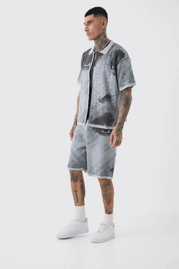 Tall Gebreid Boxy Jacquard Smiley Overhemd En Shorts Set grey