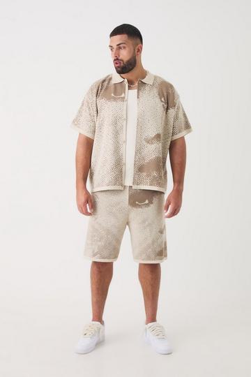 Stone Beige Plus Boxy Face Jacquard Knitted Shirt & Short Set