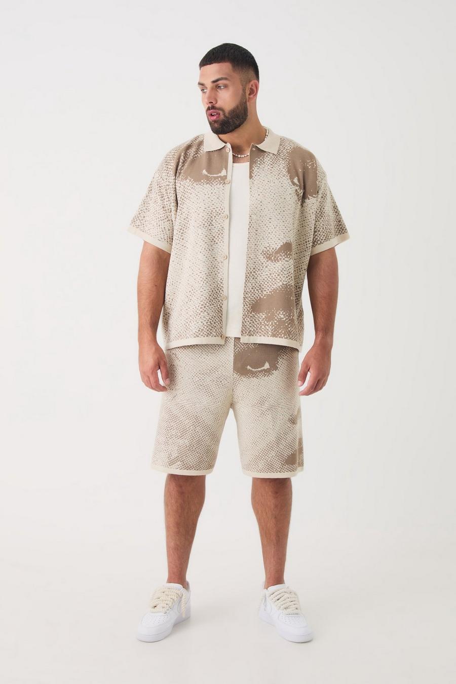 Stone Plus Boxy Face Jacquard Knitted Shirt & Short Set