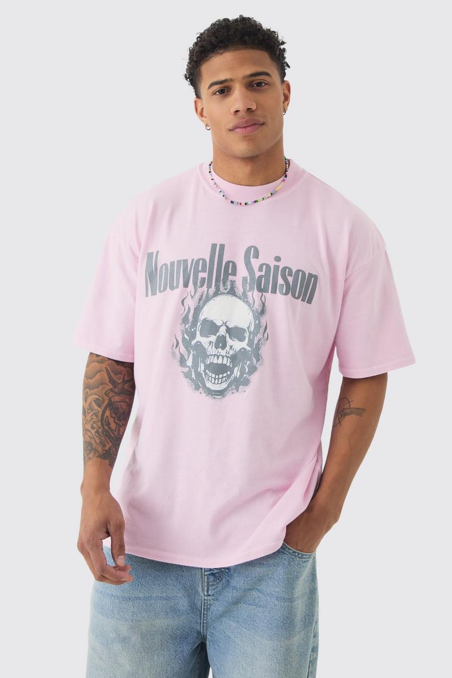 Pink Oversized Extended Neck Washed Nouvelle Skull Print T-Shirt 