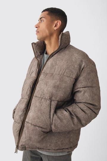 Oversized Gekreukelde Gewatteerde Jas Met Hoge Kraag In Bruin brown