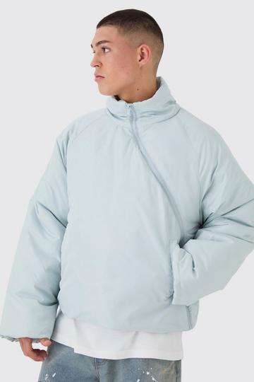 Blue Curved Zip Padded Puffer Coat In Blue