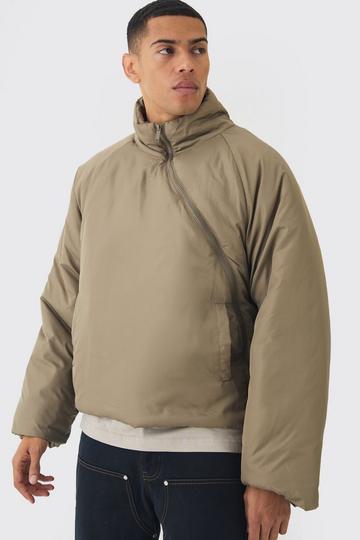 Curved Zip Padded Puffer Coat In Stone stone