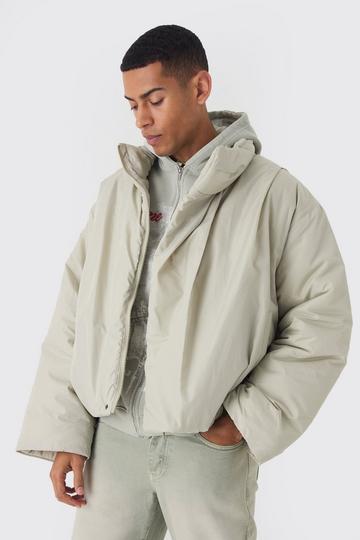 Heavy Padded Funnel Neck Coat In Stone stone