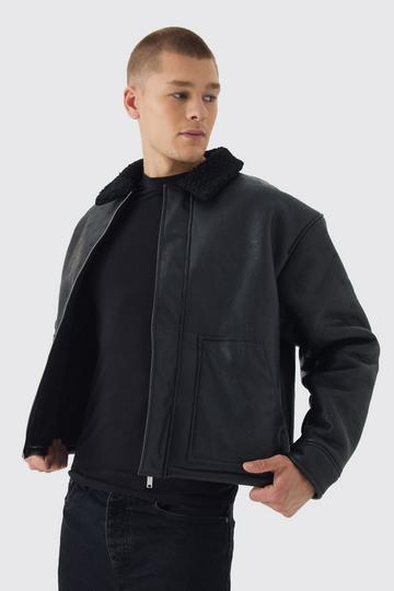 Bm Embossed Borg Collar Harrington Jacket In Black black