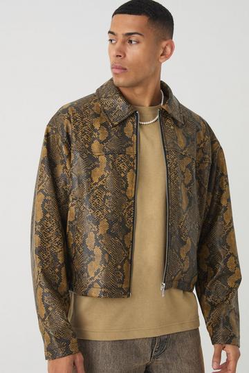 Bruine Boxy Slangenprint PU Harrington Jas brown